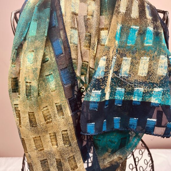 Vintage Modernist Geometric Scarf — Blue, Green & Gold Pattern - Picture 10 of 16